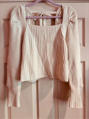 Entro Ribbed Square-Neck Tie-Back Sweater - Cream